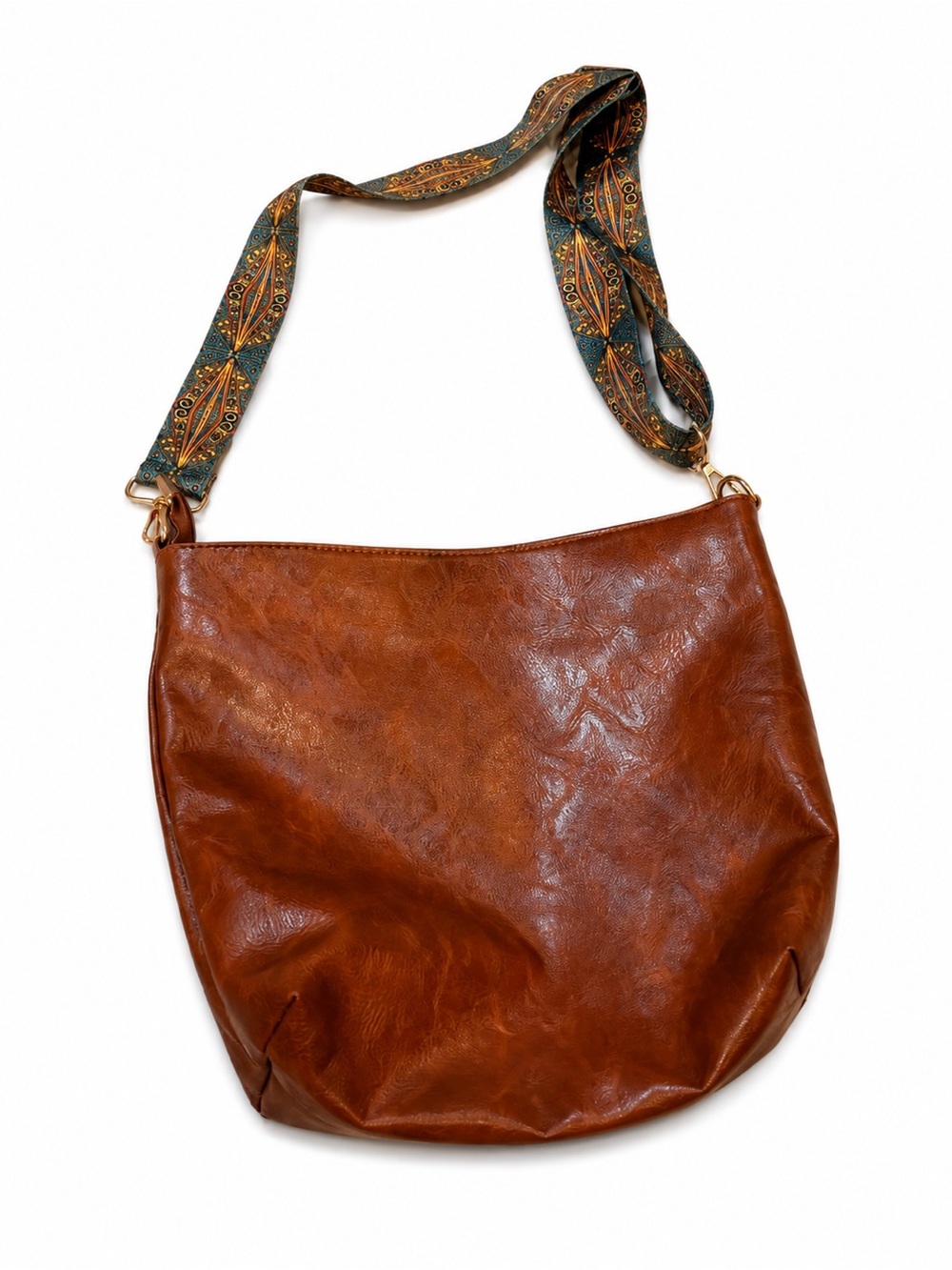 Brown Faux-Leather Shoulder Bag with Patterned Fabric Strap